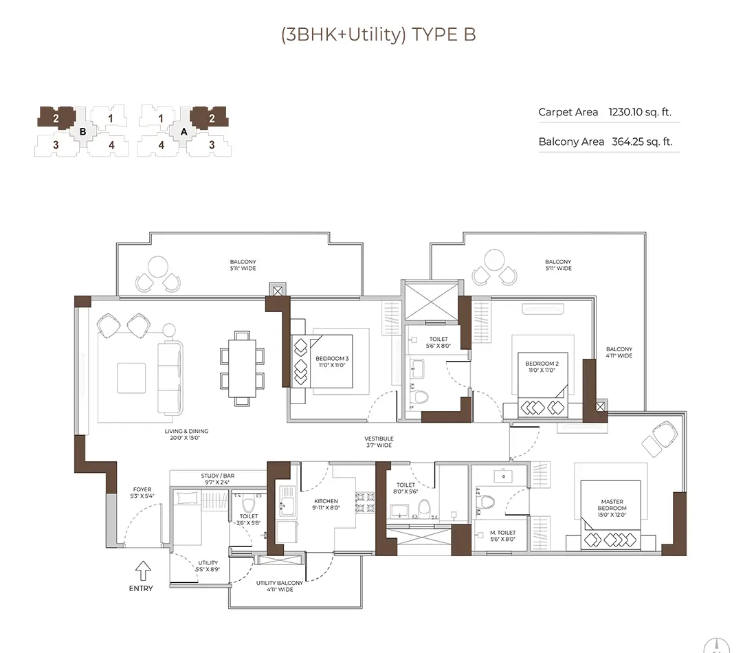 3 BHK + Utility Room